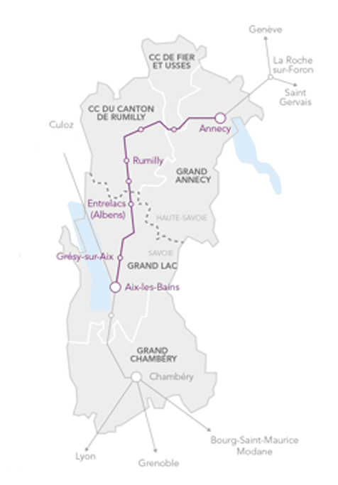 Plan de la ligne ferroviaire entre Aix les Bains et Annecy
