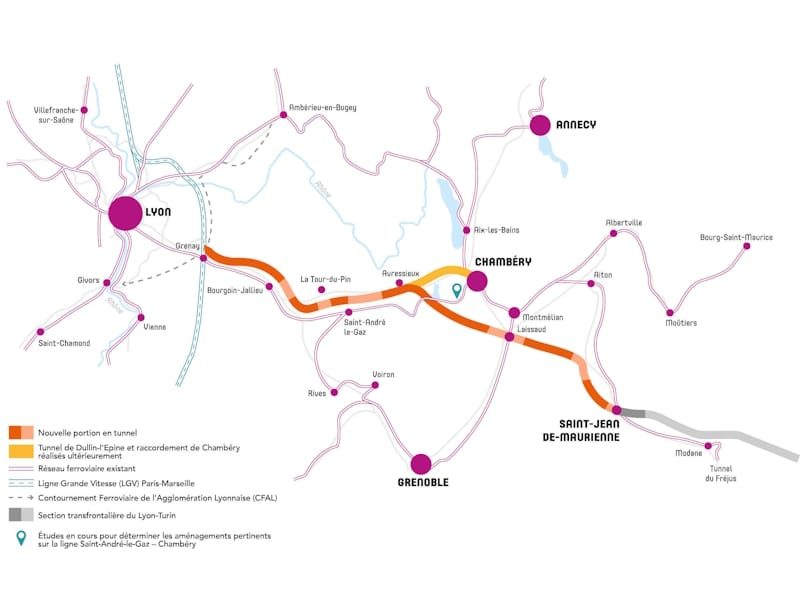 Tracé du projet de la nouvelle ligne d'accès au Lyon-Turin, à Chambéry et à Grenoble